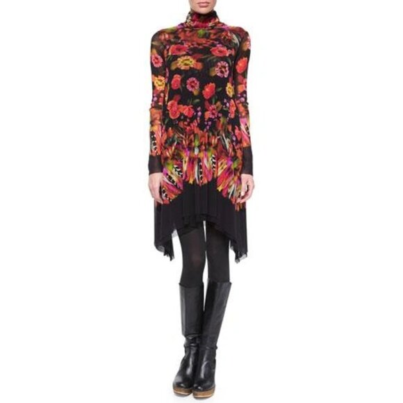 Fuzzi Jean Paul Gaultier Rose Feather Mesh Dress Black Red Asymmetrical Floral - Picture 1 of 7